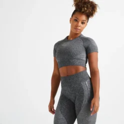 Camiseta Fitness Crop Top Sin Costuras Mujer Domyos 900 Verde Malaquita -Fitness cardio Ventas camiseta crop top fitness manga corta seamless mujer gris