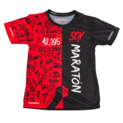 CAMISETA DE RUNNING #SOYMARATON Para MUJER - KAMUABU Color ROJO/NEGRO 110grs
