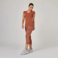 Domyos Camiseta Fitness Manga Corta Cuello Pico Algodón Extensible Slim Mujer Sepia -Fitness cardio Ventas camiseta fitness manga corta cuello pico algodon extensible slim mujer sepia 2