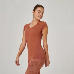 Domyos Camiseta Fitness Manga Corta Cuello Pico Algodón Extensible Slim Mujer Sepia