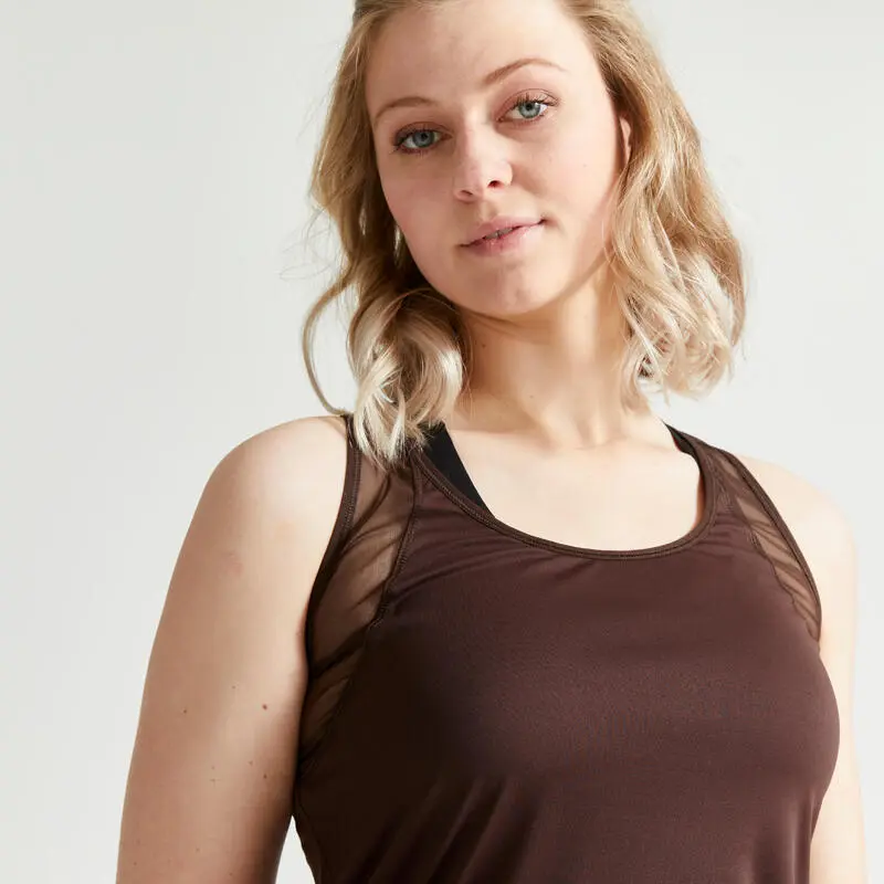 Camiseta Fitness Sin Mangas Tirantes Espalda Nadadora Mujer Domyos Marrón 5 Camiseta Fitness Sin Mangas Tirantes Espalda Nadadora Mujer Domyos Marrón - Imagen 3